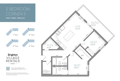 Floor plan for 2 beds, 2 baths, 1064 sqft